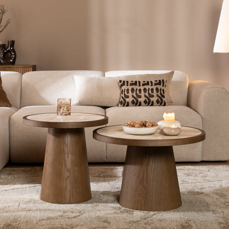 Coffee tables Mae set of 2 Ø50 and Ø62 cm travertine/rustic oak Oak veneer