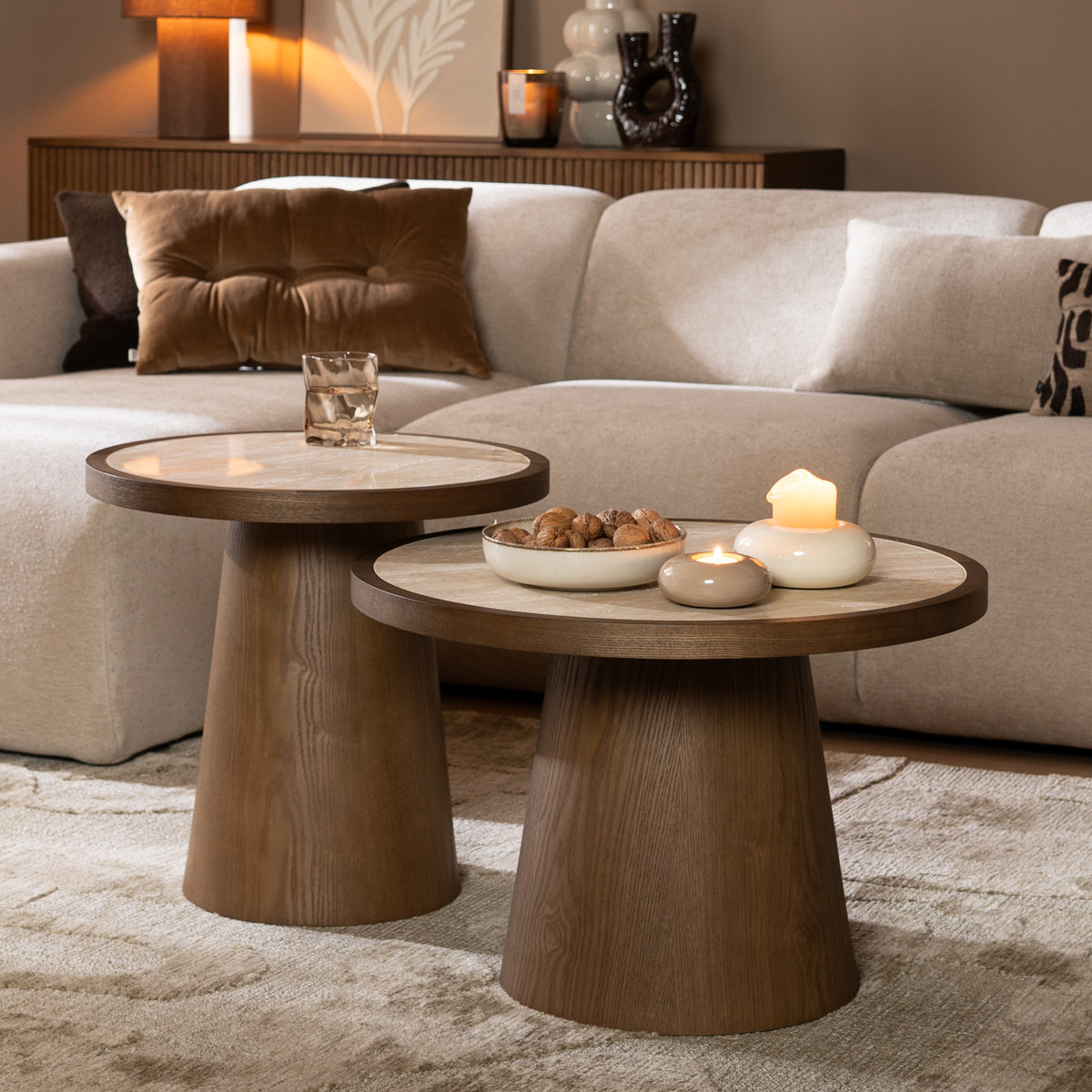Coffee tables Mae set of 2 Ø50 and Ø62 cm travertine/rustic oak Oak veneer