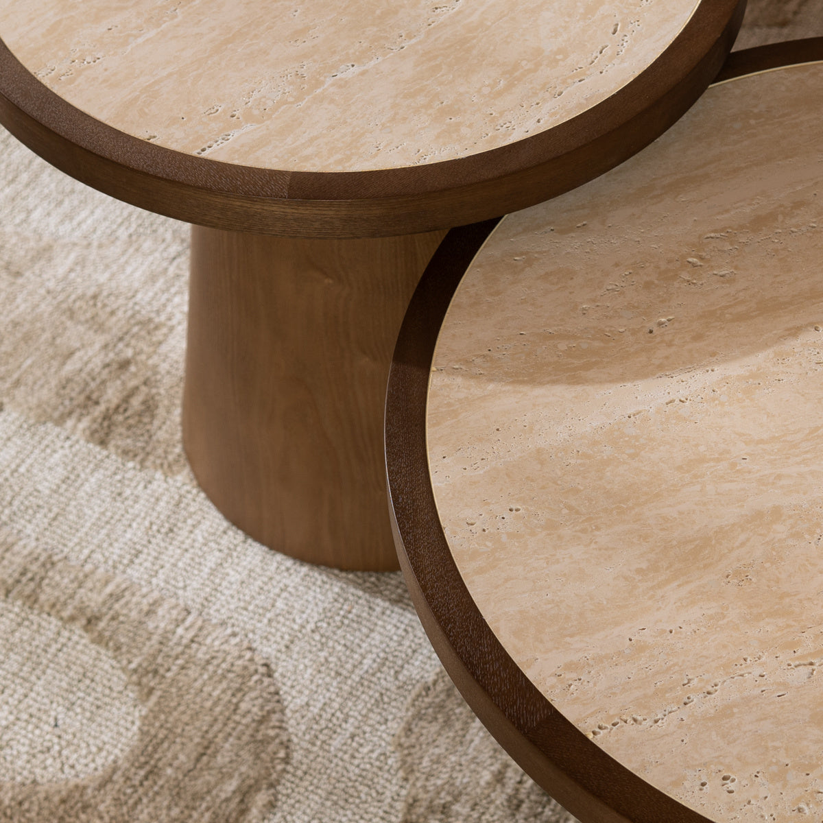 Coffee tables Mae set of 2 Ø50 and Ø62 cm travertine/rustic oak Oak veneer