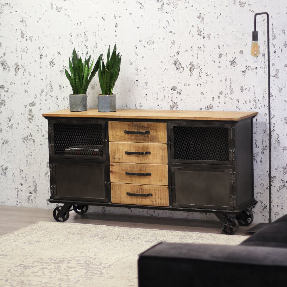 Sideboard Bryce Dimehouse Brown LxWxH 153x80x40 Mango wood Atmospheric photo diagonal front view