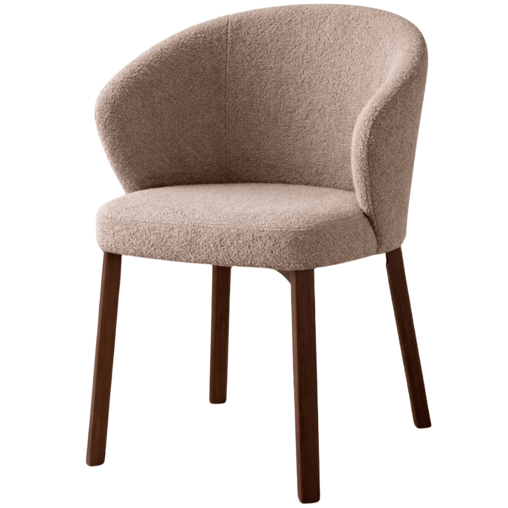Taro sand-coloured bouclé dining chair – walnut-effect frame – Japandi