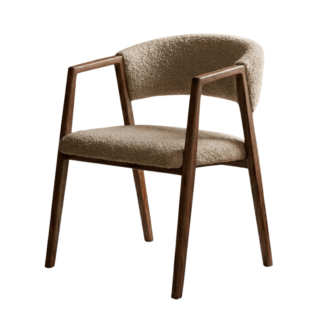 Japandi dining chair sand bouclé Kyo - walnut frame - with armrests