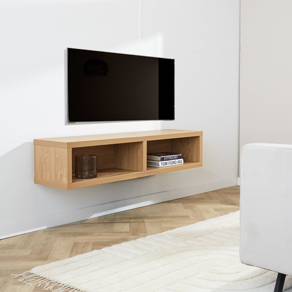 TV Furniture Bernie Rustic Oak Dimehouse Oak LxWxH 146x36x31 Melamine Atmospheric photo diagonal front view